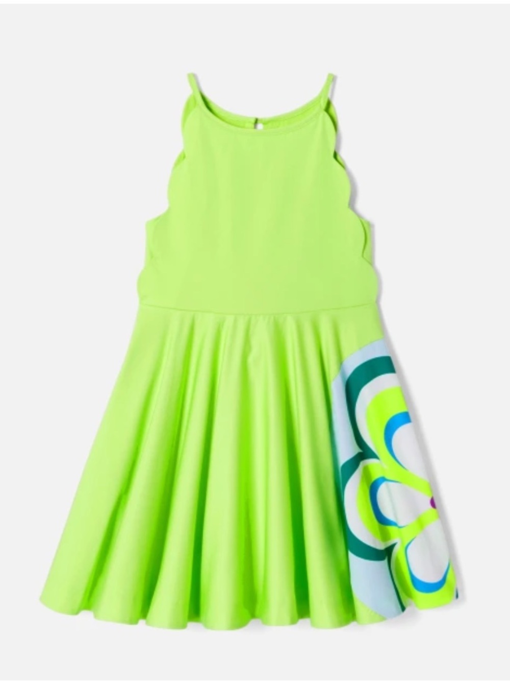 JACADI Neon Lime Green Sleeveless Scallop Dress with Graphic Panel